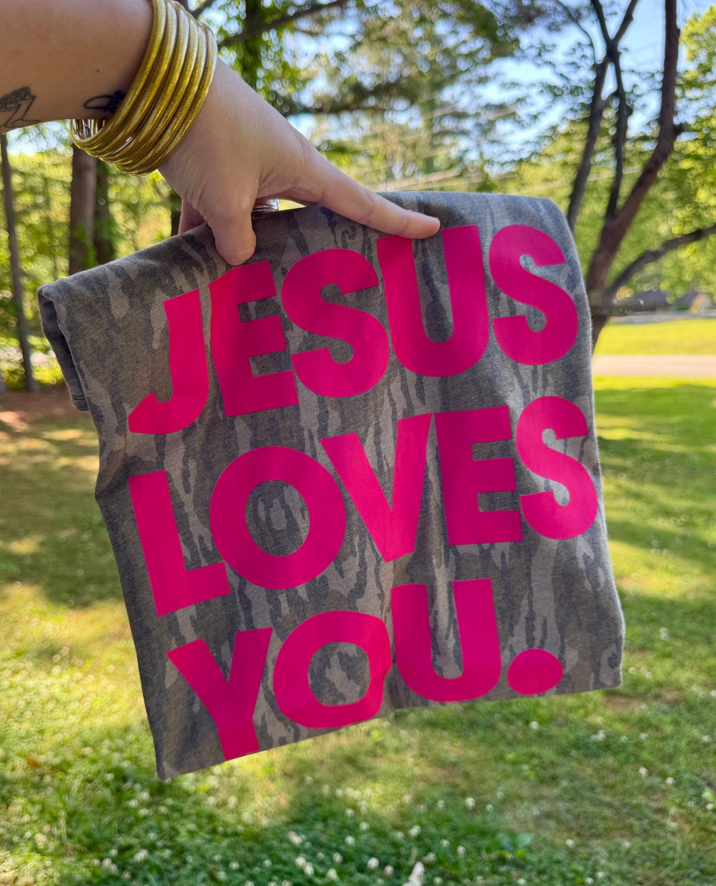 Hot Pink Jesus Loves You Bottomland Camo